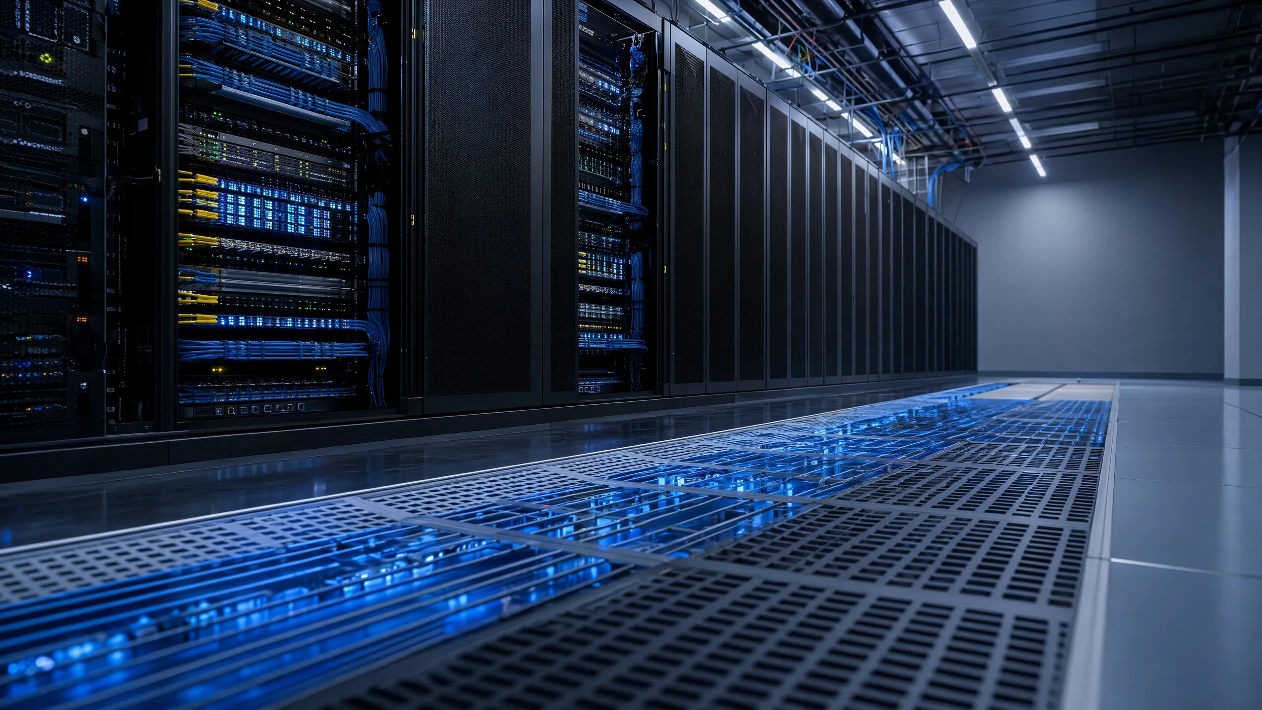 Data-center cooling row with aligned server racks and a cold-air path