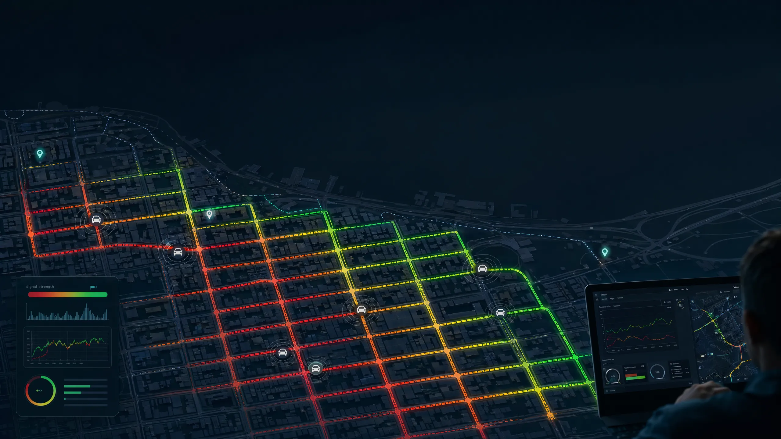 Top-down city street grid with traced drive-test vehicle routes