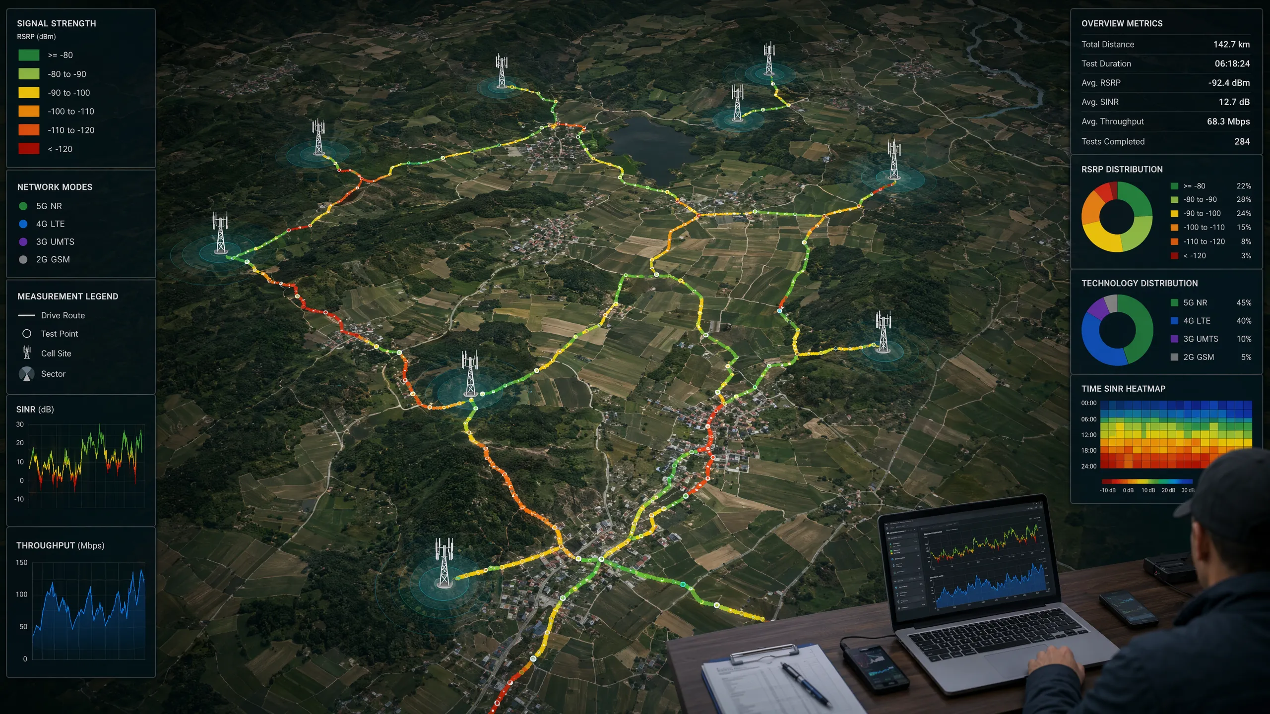 Wide rural map with winding roads traced in multicolor routes