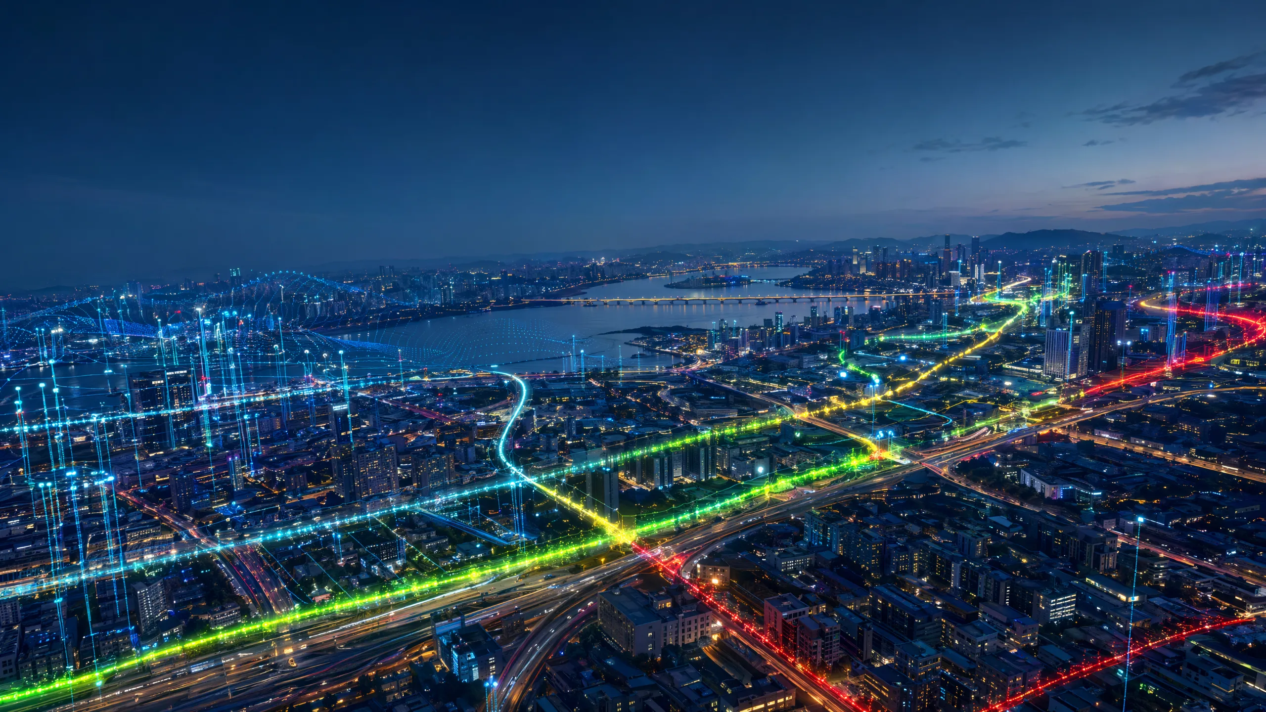 Aerial metro view overlaid with signal-strength route data