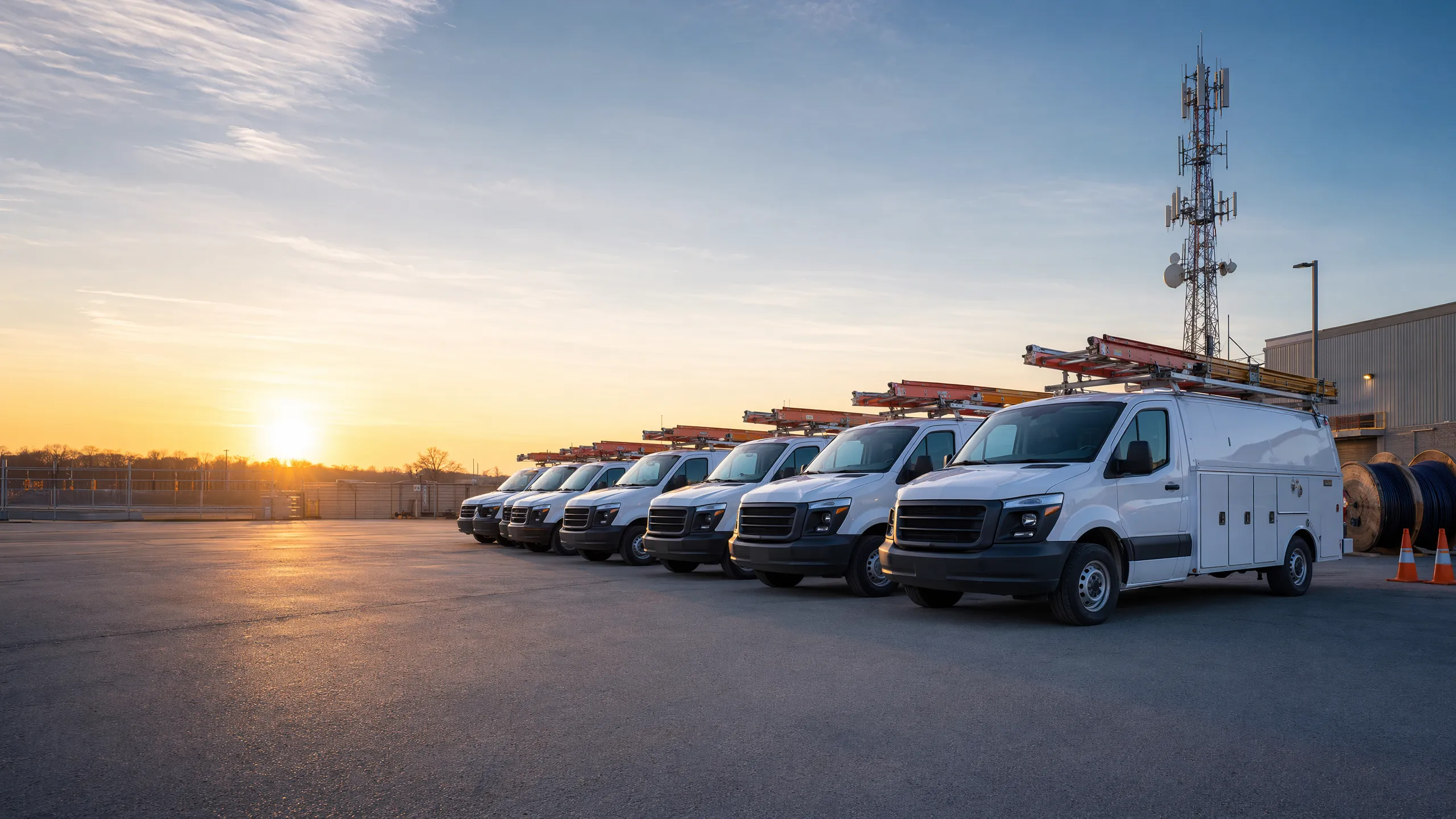 Telecom service vans lined up at a depot at dawn