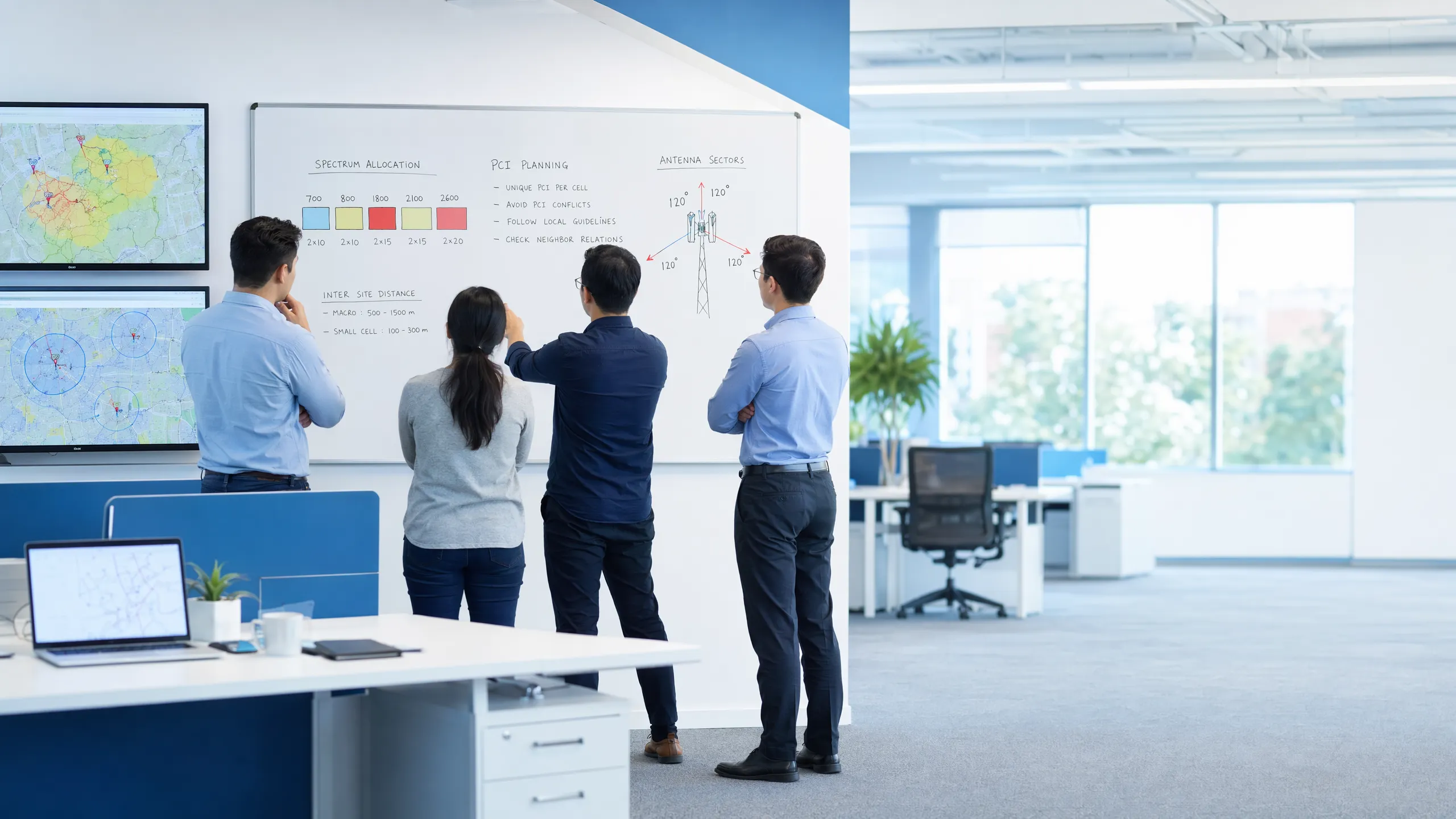 RF planning team at a whiteboard with coverage maps and monitors