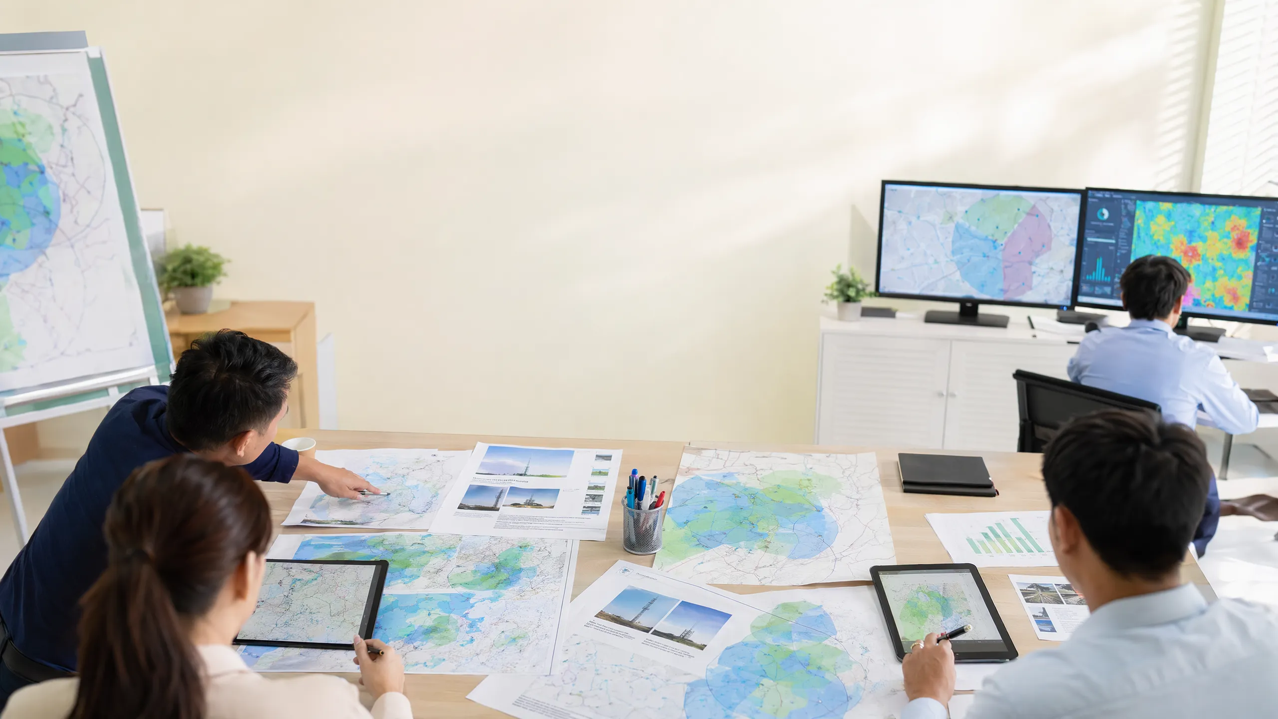 Engineers around a table of printed radio coverage maps