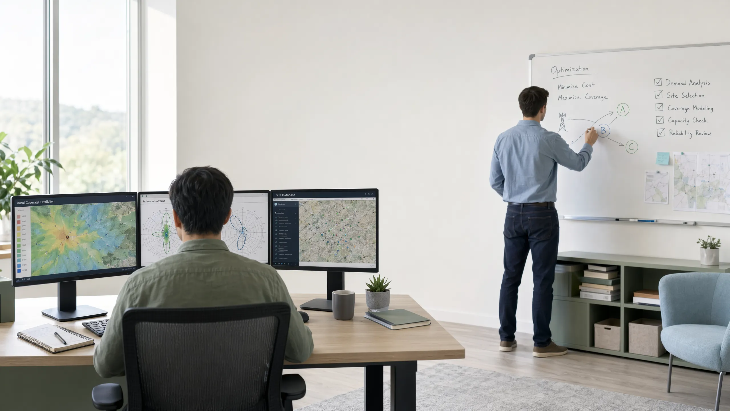 Engineer at a planning desk beside a whiteboard