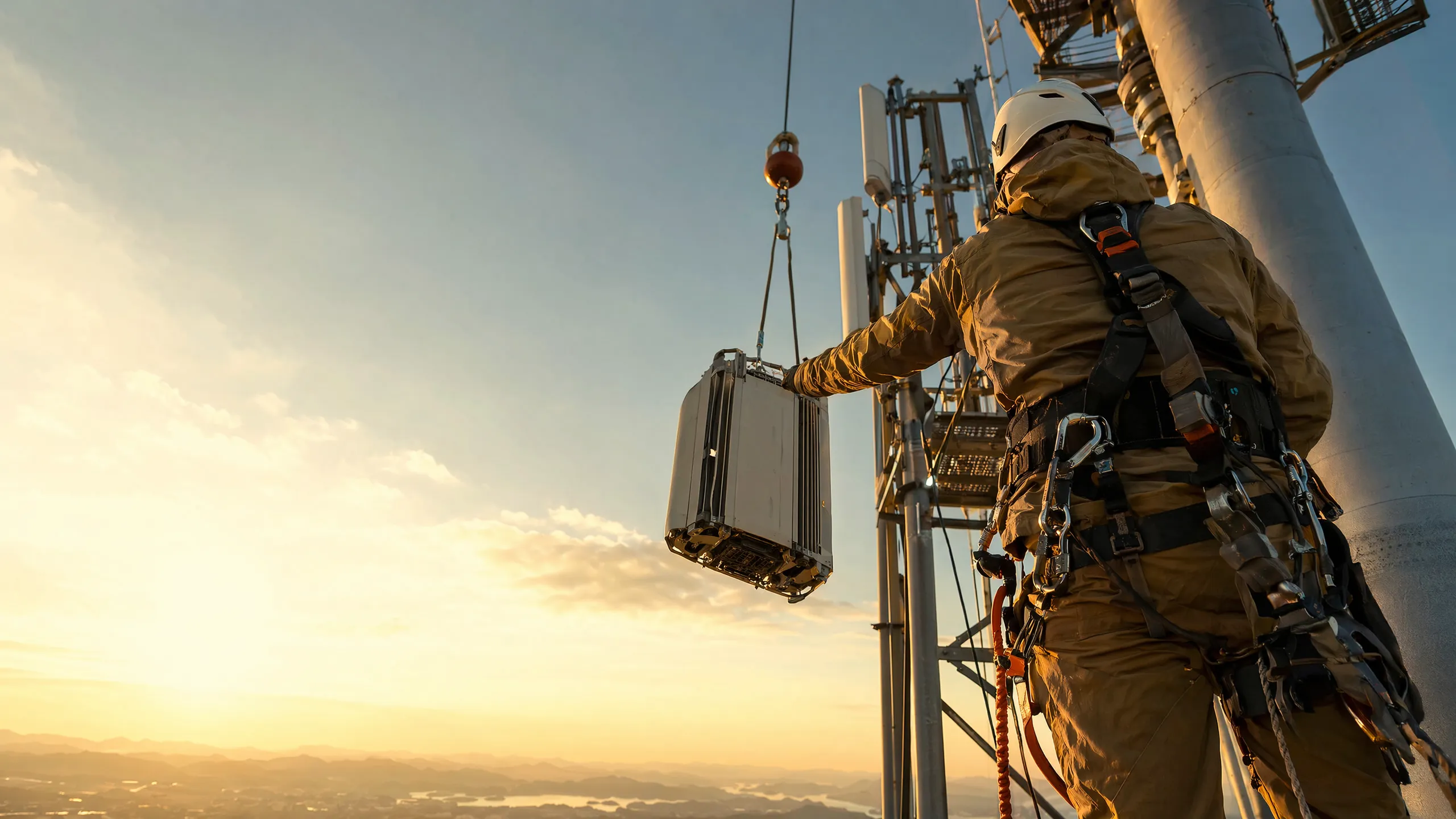 Rigger guiding a hoisted radio unit beside a monopole at golden hour