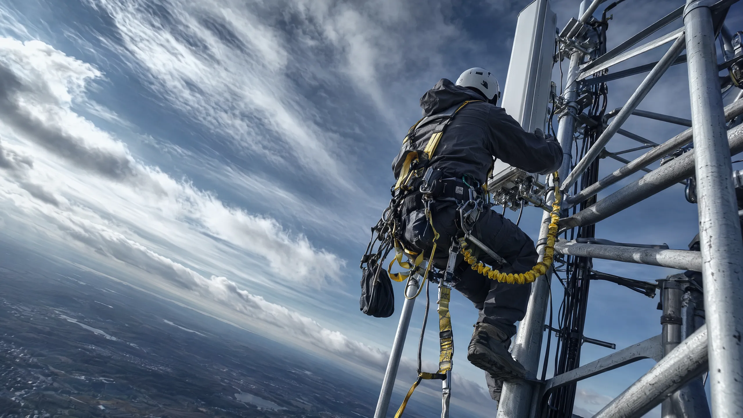 Rigger installing a panel antenna near a tower summit