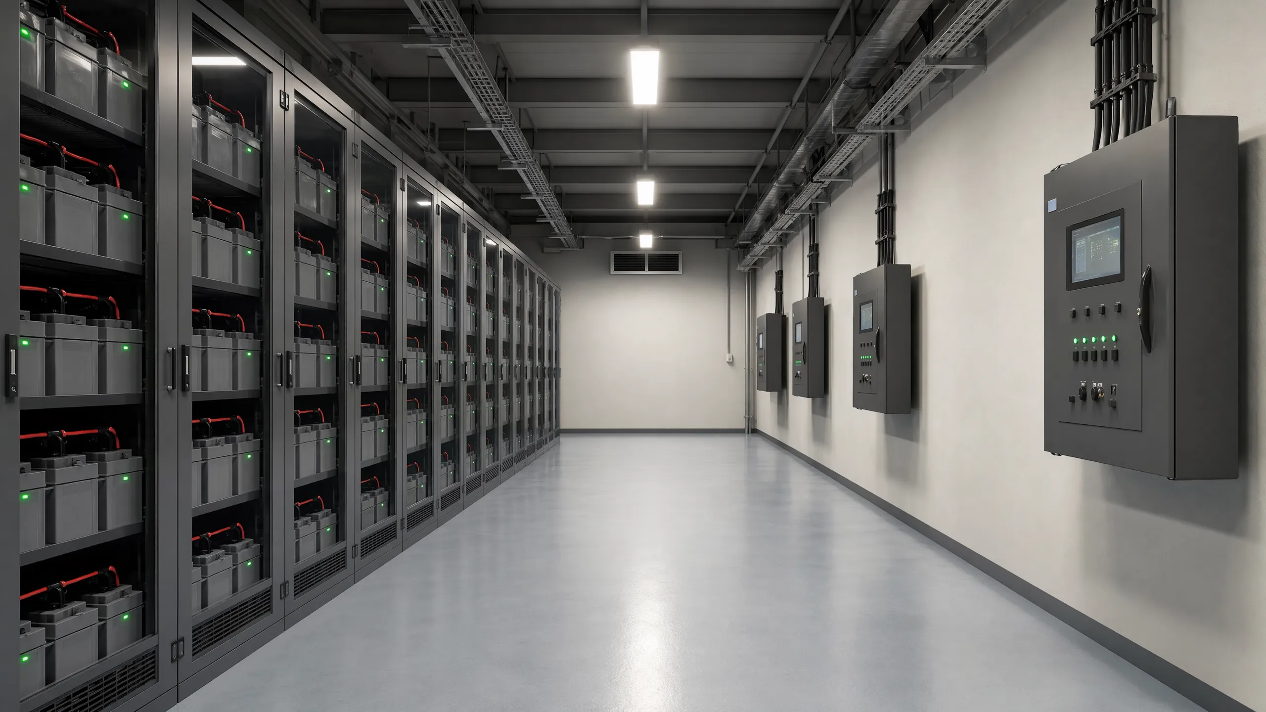 Battery bank corridor inside a telecom energy room