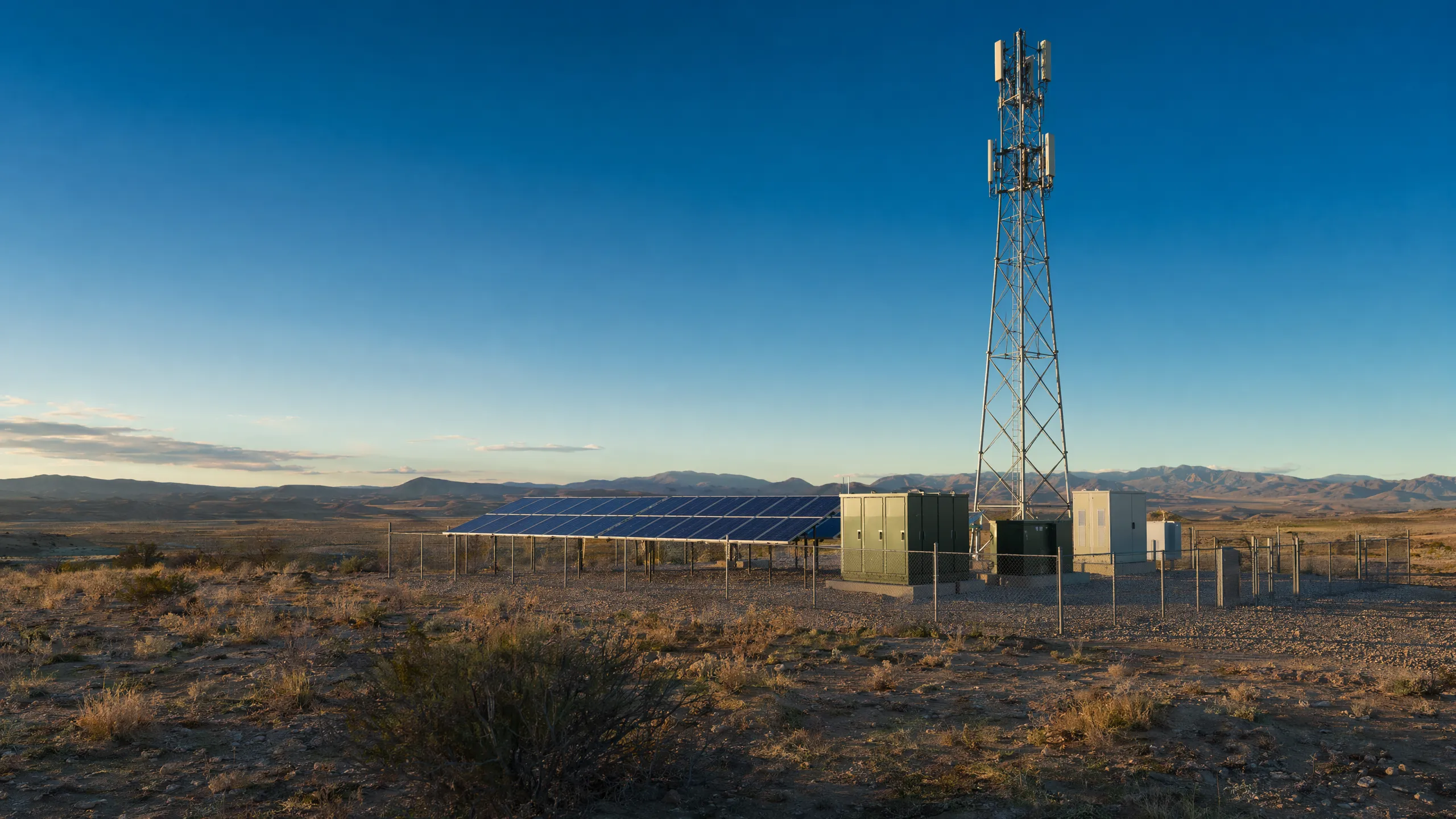 Remote solar-hybrid telecom tower site with battery enclosures