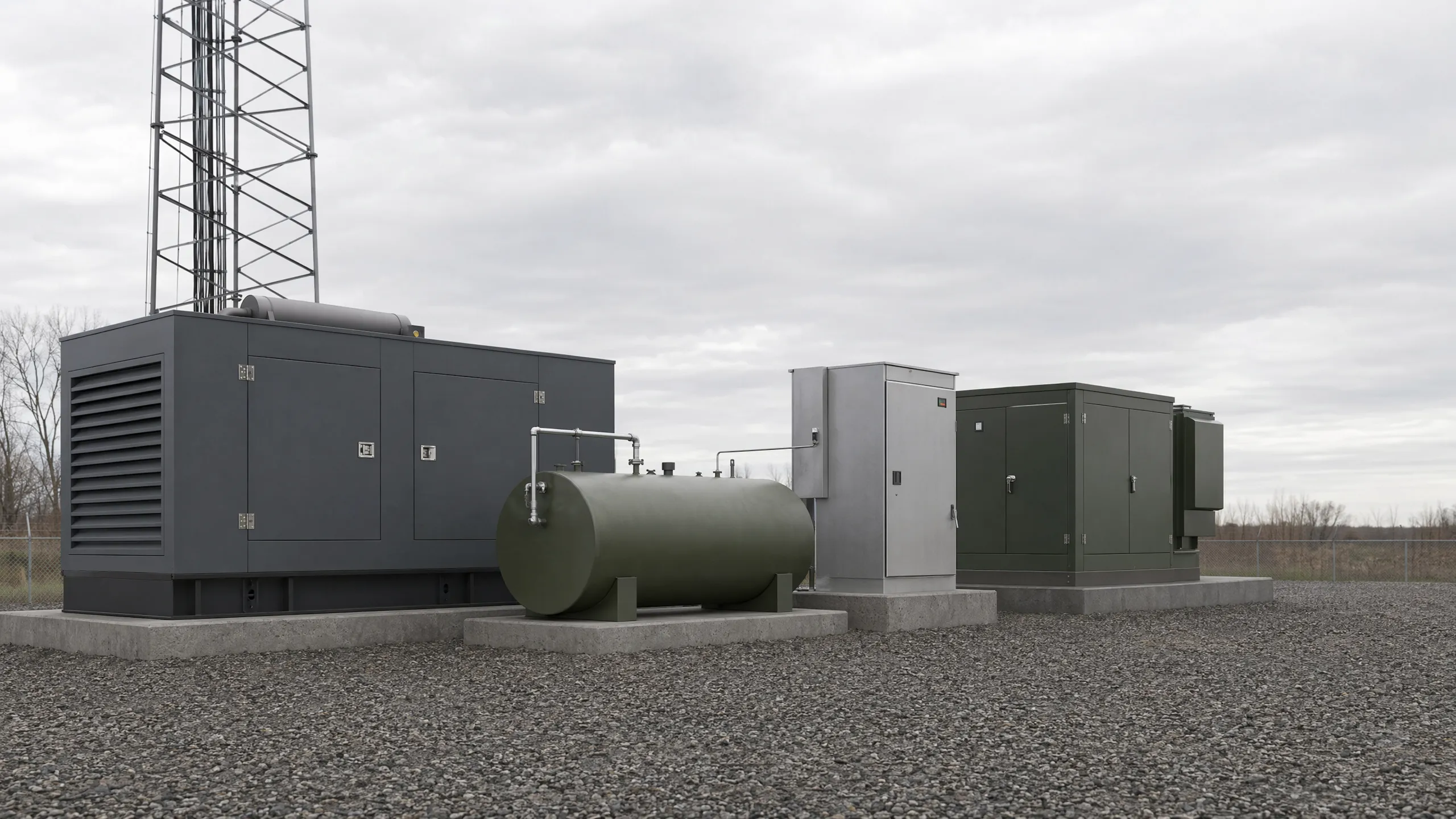 Weatherproof backup generator and fuel tank at a telecom site