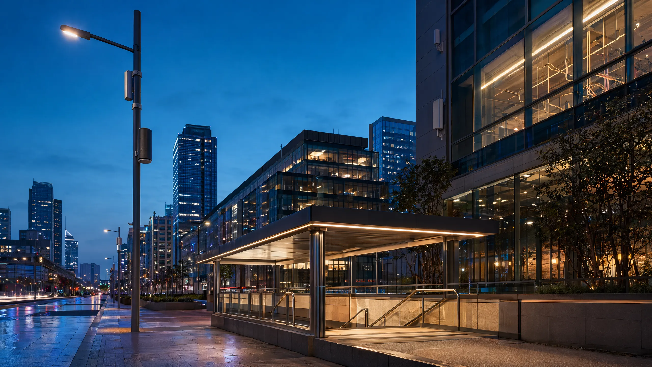 Modern subway entrance and streetscape with small-cell connectivity